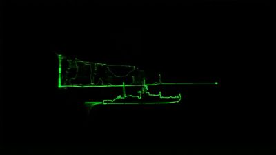 Film still from 'Oscillotrope: War' (2018) by Jon Beaton. Against a black background, glowing green lines trace the outline of a warship at sea in front of a cliff face.